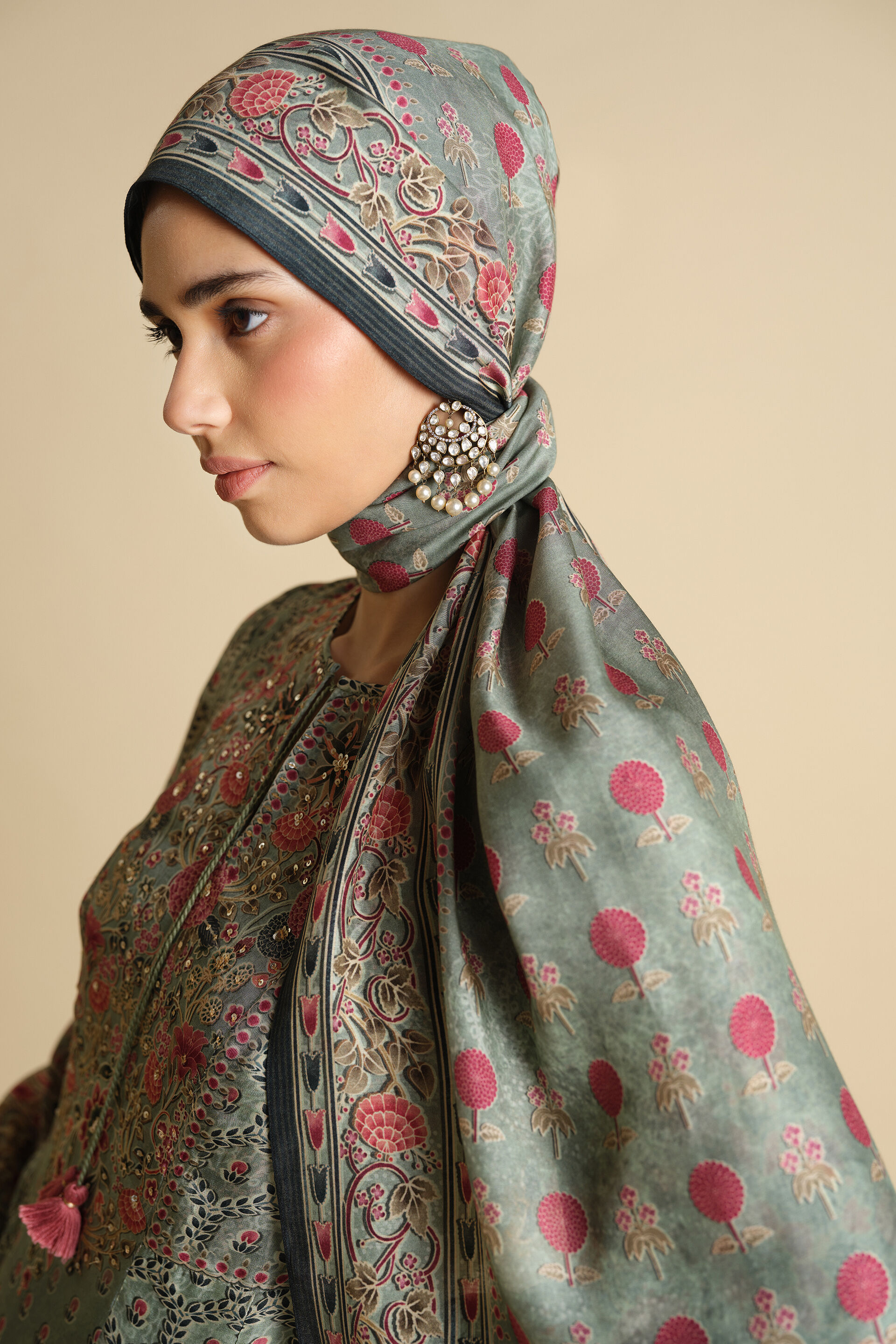 Demoiselle Printed Silk Stole - Sage, Sage, image 3